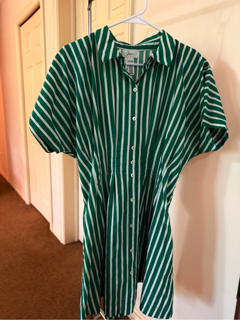 Japna Green and White Striped Button-Front Shirt Dress